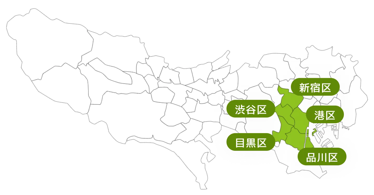 新宿区、港区、渋谷区、目黒区、品川区